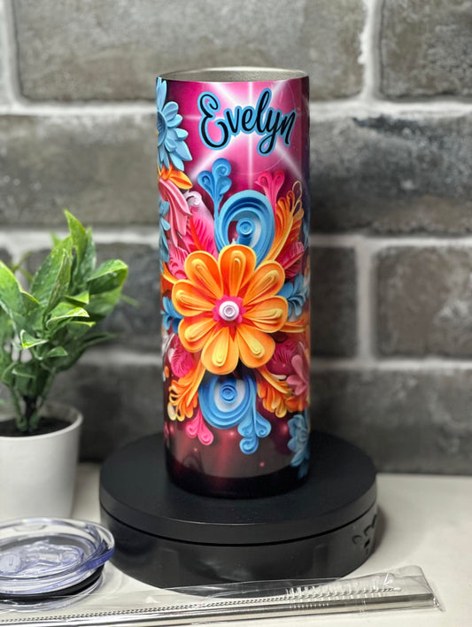 3D FLOWER TUMBLER (20oz Stainless Steel Tumbler) with metal straw